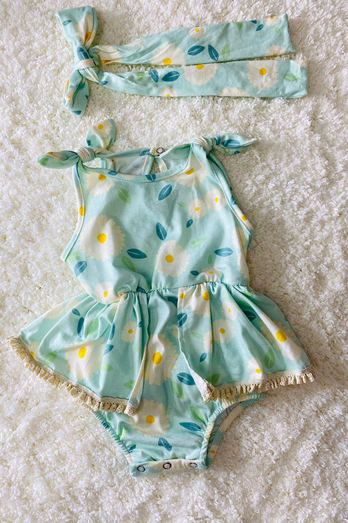 Baby onesies wholesale summer Aqua floral lace baby romper & headband DLH2406 (A14S1)